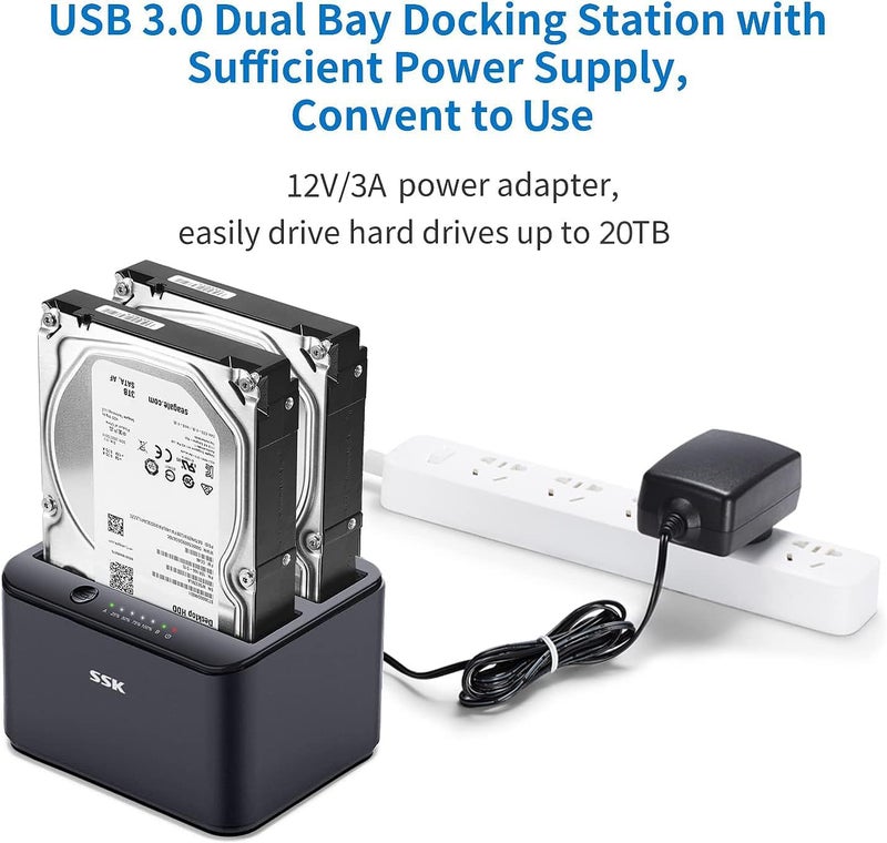 SSK Aluminum Hard Drive Docking Station, USB 3.0 to SATA Dual Bay External HDD Dock Caddy Reader for 2.5 & 3.5 inch SATA HDD SSD, with UASP Offline Cloner/Duplicator Function (2x20TB Supports) Black - Image 5
